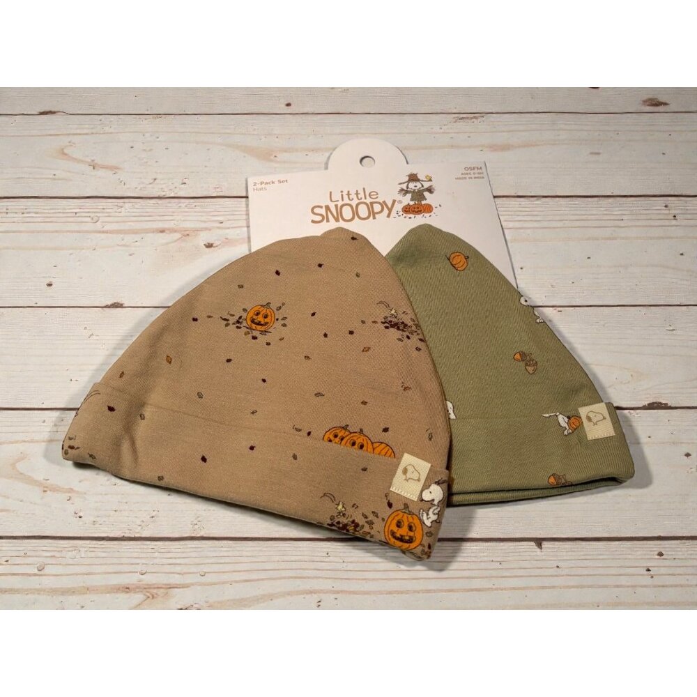 Baby Beanies 2-Pack Set Little Snoopy Pumpkin & Acorn Print OSFM Ages 0-6M Cotto